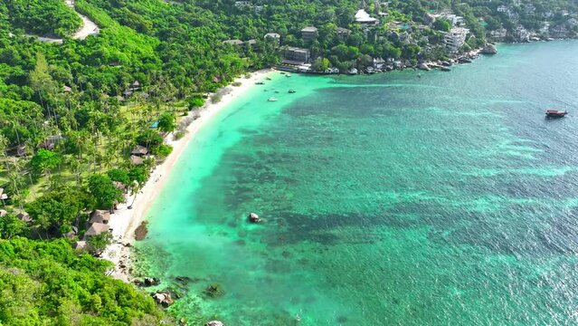 Sandy shores kissed by verdant trees, hosting a serene resort enclave amidst pristine, turquoise seas. Bird's eye view. Stock footage. Tao island, Thailand. Ocean background. 4K UHD.
