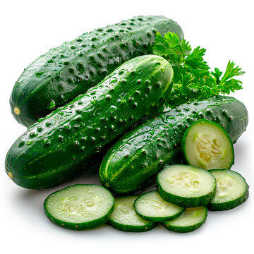 Garden vegetables, cucumbers on a white isolated background - AI generated image
