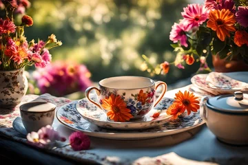 Fototapeten Relaxing moment with a cup of hot tea and a beautiful plate of vibrant flowers on a sunny afternoon © MISHAL