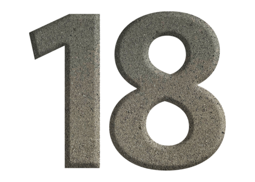The shape of the number 18 is made of cement isolated on transparent background. Suitable for birthday, anniversary and Memorial Day templates