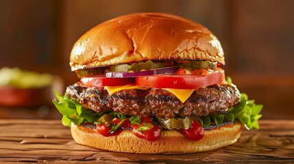 Freshly prepared burger with a splash of ingredients. Deluxe burger with flying ingredients around.