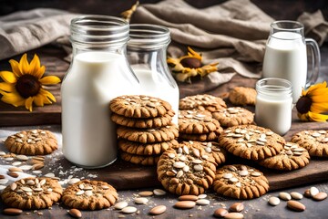 Crunchy sunflower seed cookies served with milk in bottle