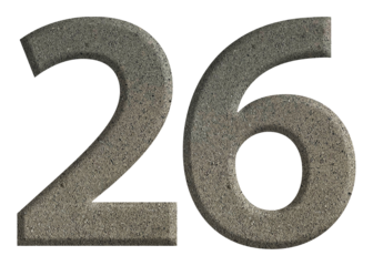 The shape of the number 26 is made of cement isolated on transparent background. Suitable for birthday, anniversary and Memorial Day templates