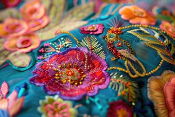 Obraz na płótnie Canvas Mexican embroidery with cacti, flowers, birds, beads