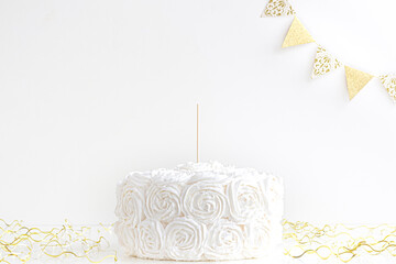 White cake and blank white background . Birthday cake topper mockup with wooden stick for cake topper design presentation.