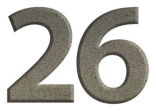 The shape of the number 26 is made of cement isolated on transparent background. Suitable for birthday, anniversary and Memorial Day templates