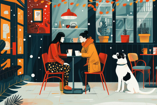 two women with dog in scandinavian cafe