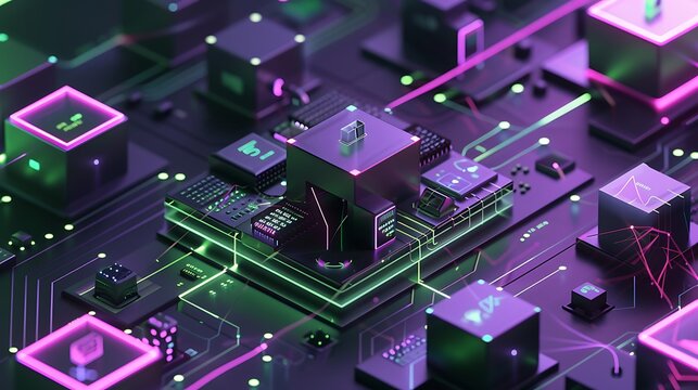 close-up black processor cube MediaTek in purple neon power lines, power, energy, contrast colors. Generative Ai