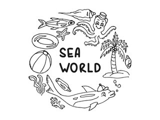 Sea world vector doodle. Hand drawing cartoon of sea and beach object. Sketch of dolphin, octopus, fish, starfish, shell, coral, coconut tree vector illustrations.