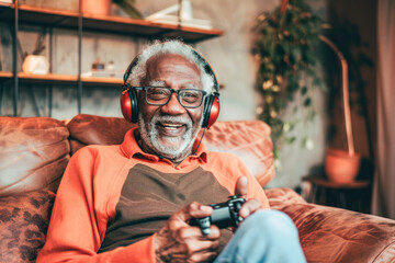 Portrait of a happy senior man playing video games. Elderly man with headphones playing on console at home sitting on the sofa. Concept of new forms of fun for older people. 