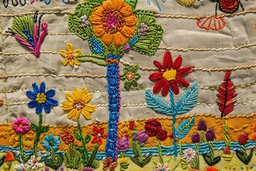 Mexican embroidery with cacti, flowers, birds, beads