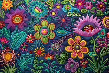 Fototapeta na wymiar Mexican embroidery with cacti, flowers, birds, beads