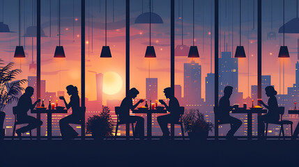 Fat obese people silhouettes drinking coffee discussing during meeting men women sitting at counter desk, generative ai - obrazy, fototapety, plakaty