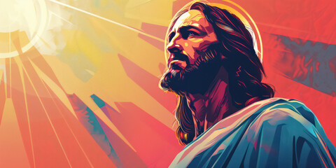 Naklejka na ściany i meble Stylized Illustration of a Jesus Christ with Sun Rays in Vibrant Colors. Concept of Easter and resurrection, cleansing from sins, Banner with Copy Space