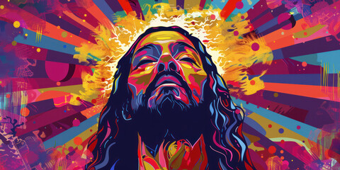 Vibrant Artwork of a Man, Jesus, with Long Hair Surrounded by Vivid, Abstract Designs and Colors. Easter Concept.