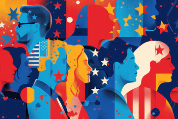 Colorful Geometric Illustration Featuring Diverse Groups of People and Stars. Concept of American President Elections.