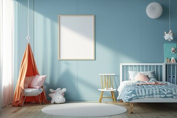 Kid room interior with bed, chair and blank poster frame mockup on light blue wall, Generative AI