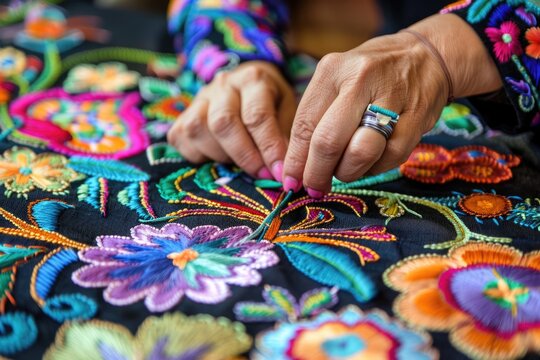 Mexican embroidery with cacti, flowers, birds, beads
