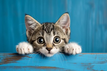 Kitten head with paws up peeking over blue wooden background. Little tabby cat curiously peeking out from behind blue background. Pets adoption, shelter, rescue, help for pets. Generative AI