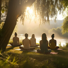 A group of people practicing yoga in a serene natural setting.