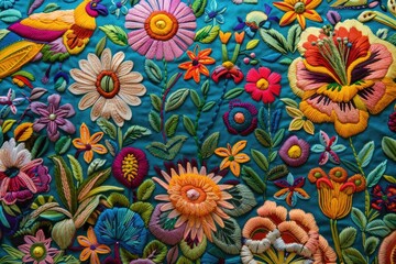 Fototapeta na wymiar Mexican embroidery with cacti, flowers, birds, beads