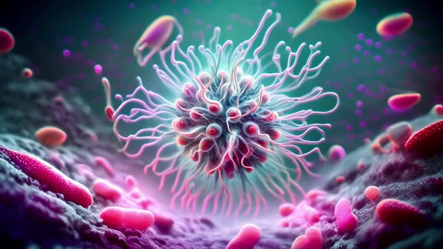 Conceptual Representation of Pathogen amidst bacteria in enviroment microscopic.&nbsp;Representation abstract of Viruses and Bacteria Interaction between microorganism 