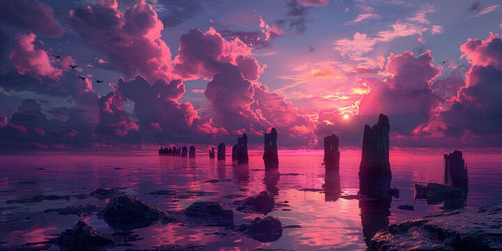 Beautiful colorful trendy viva magenta color sunset sky landscape .
