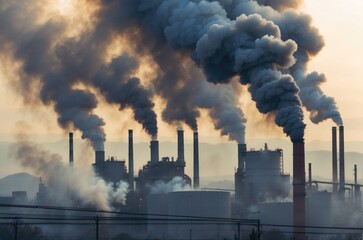A large amount of white smoke poured out of the smokestack of a large industrial factory. Causes air pollution that causes global warming.