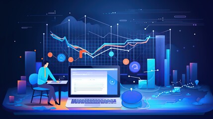 Illustration of Business environment in isometric view. Online trading digital technology. Financial application. Laptop with graphics.