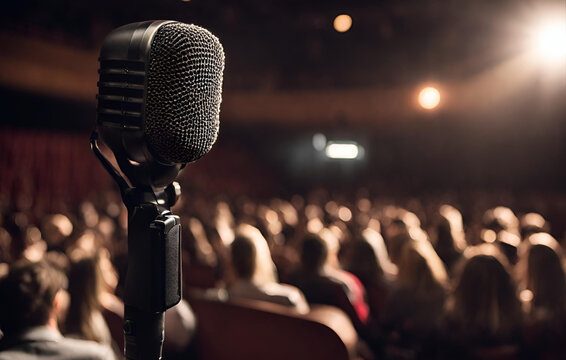Microphone on stage against a background of auditorium
