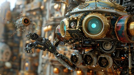 A close up of a playful robot with genetic engineering capabilities manipulating dark matter beside an armored vehicle with Renaissance art motifs near a space elevator - obrazy, fototapety, plakaty