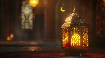 Ramadan lantern. Intricate Arabic calligraphy and geometric patterns. Warm light from within. Dates and crescent moon with star in the background. Warm tones.