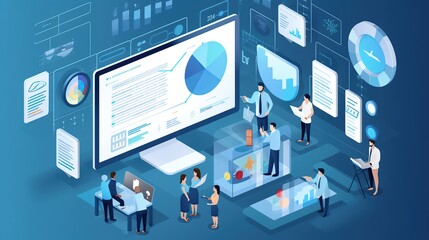 Illustration of Business environment in isometric view. Online trading digital technology. Financial application. Laptop with graphics. - obrazy, fototapety, plakaty