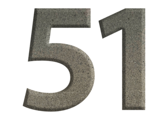 The shape of the number 51 is made of cement isolated on transparent background. Suitable for birthday, anniversary and Memorial Day templates