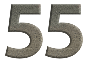 The shape of the number 55 is made of cement isolated on transparent background. Suitable for birthday, anniversary and Memorial Day templates