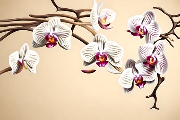 Flying vanilla sticks and orchid flowers on beige background