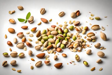 A set with Flying in air fresh raw whole and cracked pistachios, almonds and hazelnut isolated on white background. Concept of Pistachios almonds and hazelnut is torn to pieces close-up