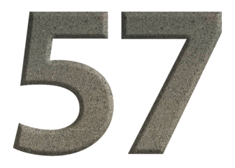 The shape of the number 57 is made of cement isolated on transparent background. Suitable for birthday, anniversary and Memorial Day templates