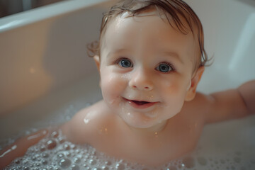 Close up portrait of cute baby smiling enjoying a bubbly bath