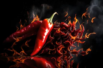 Wandaufkleber close-up of a vibrant red chili pepper with flames licking around its edges, capturing the intense heat and spicy sensation it embodies, set against a dark, smoky background © MISHAL