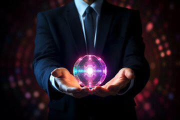 A businessman in a suit presents a holographic globe, showcasing global strategy and innovation. Explore the future of business with digital planning and international vision