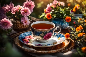 Relaxing moment with a cup of hot tea and a beautiful plate of vibrant flowers on a sunny afternoon