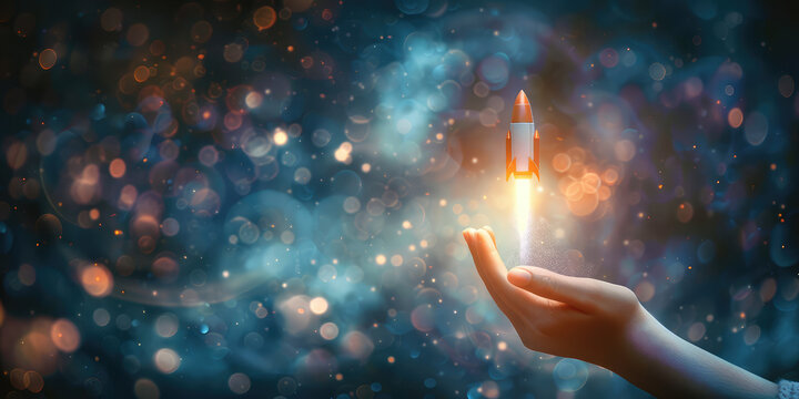 Toy Rocket Launching from Hand on simple Sky Background with copy space, banner template. A hand holding little rocket start flying up.