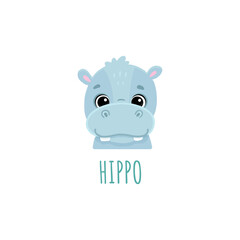 cute cartoon hippo. Animal in flat style. Hippopotamus head for cards,magazins,banners.Forest animal. 