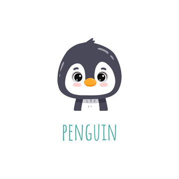 cute cartoon penguin. Animal in flat style. Penguin face for cards,magazins,banners. 