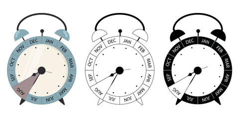 Set of 12-month alarm clocks with hands pointing to August. August. August meeting. August appointment. isolated on white background. Outlines. pictogram. Time management concept - stock vector
