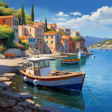 A tranquil coastal village with colorful fishing boats