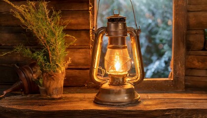 old lamp on wooden table, rustic elegance of an antique kerosene lamp casting a soft glow on a rustic wooden table
