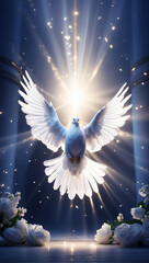 holy spirit white dove with divine rays of light like symbol of religion, peace and spirituality - obrazy, fototapety, plakaty