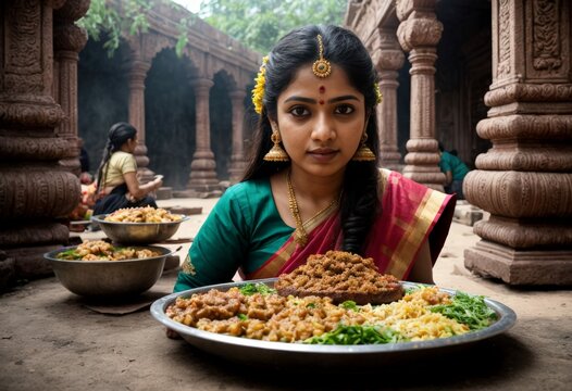 mujer india con la comida en la mesa